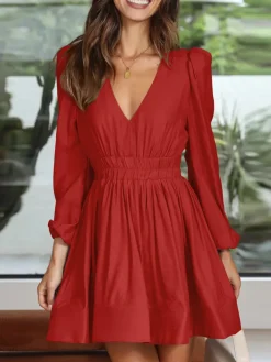 Long Sleeve V Neck Mini Dress