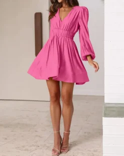 Long Sleeve V Neck Mini Dress