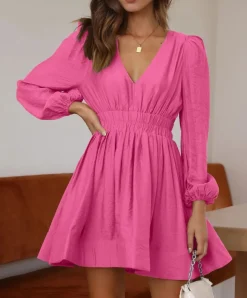 Long Sleeve V Neck Mini Dress