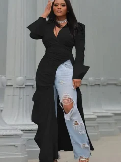 Long Sleeve V Neck Ruched Split Top