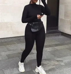 Long Sleeve Zipper Bodycon Solid Color Jumpsuit