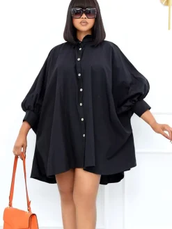 Long Sleeves Button Loose Mini Shirt Dress