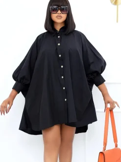 Long Sleeves Button Loose Mini Shirt Dress