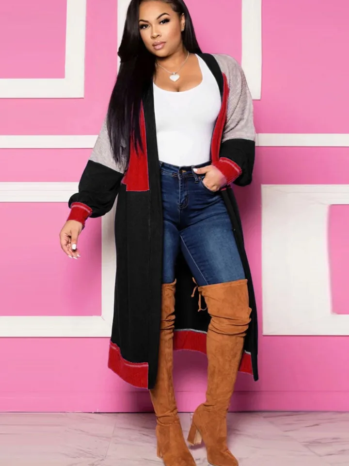 Long Sleeves Color Block Long Cardigan