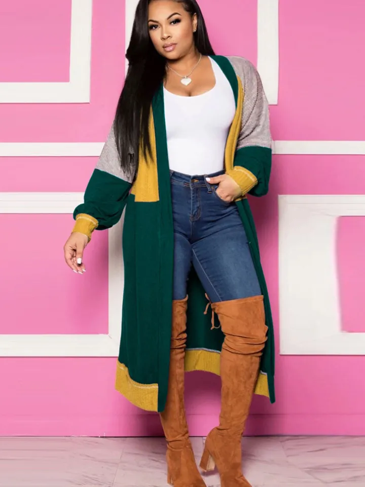 Long Sleeves Color Block Long Cardigan