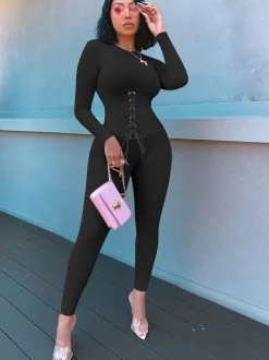 Long Sleeves Color Block Tie Up Jumpsuit