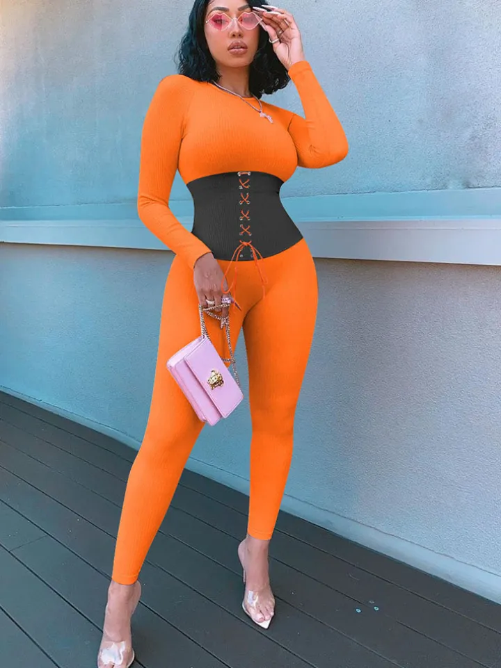 Long Sleeves Color Block Tie Up Jumpsuit