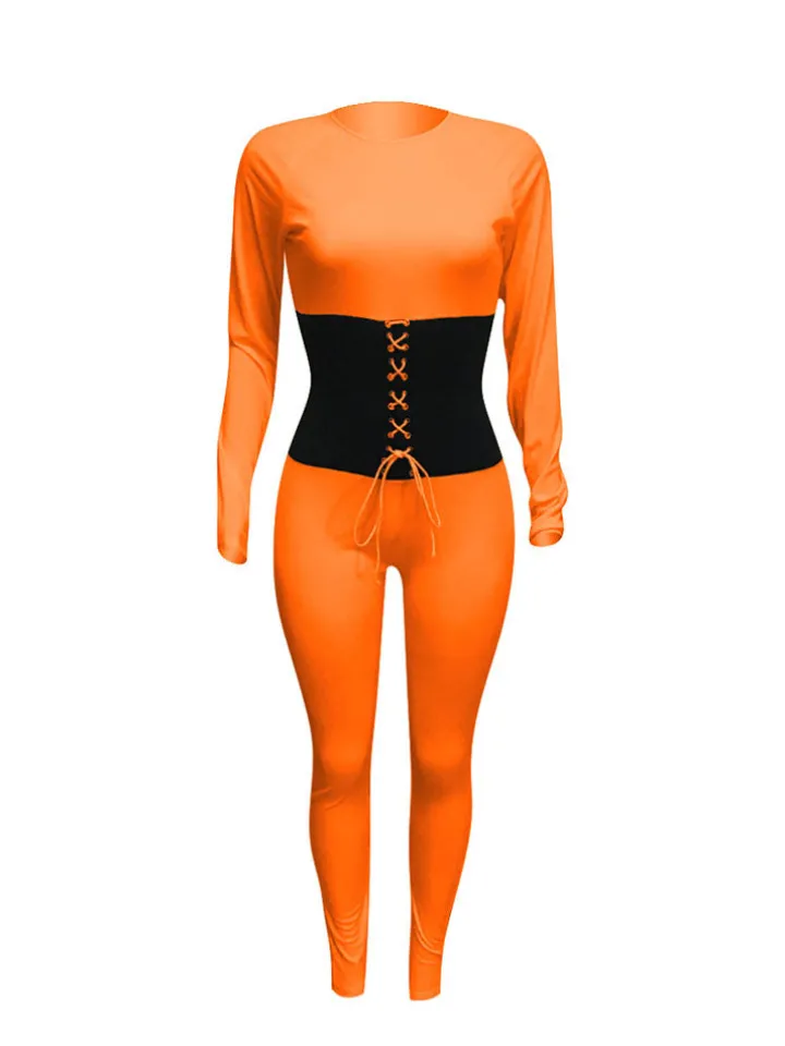 Long Sleeves Color Block Tie Up Jumpsuit