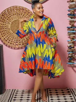 Long Sleeves Figure Print Midi Shirt Dress