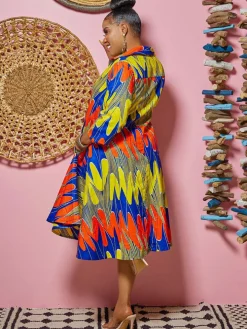 Long Sleeves Figure Print Midi Shirt Dress