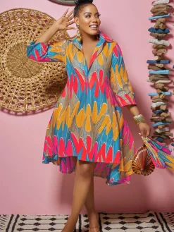 Long Sleeves Figure Print Midi Shirt Dress