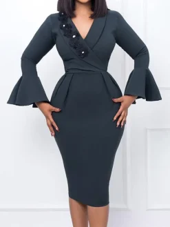 Long Sleeves Flower Patchwork Midi Dress