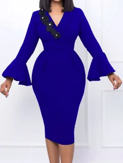 Long Sleeves Flower Patchwork Midi Dress