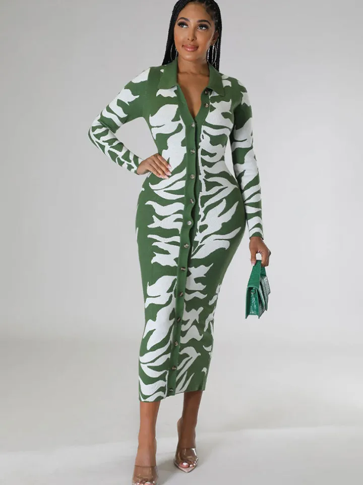 Long Sleeves Lapel Button Midi Dress