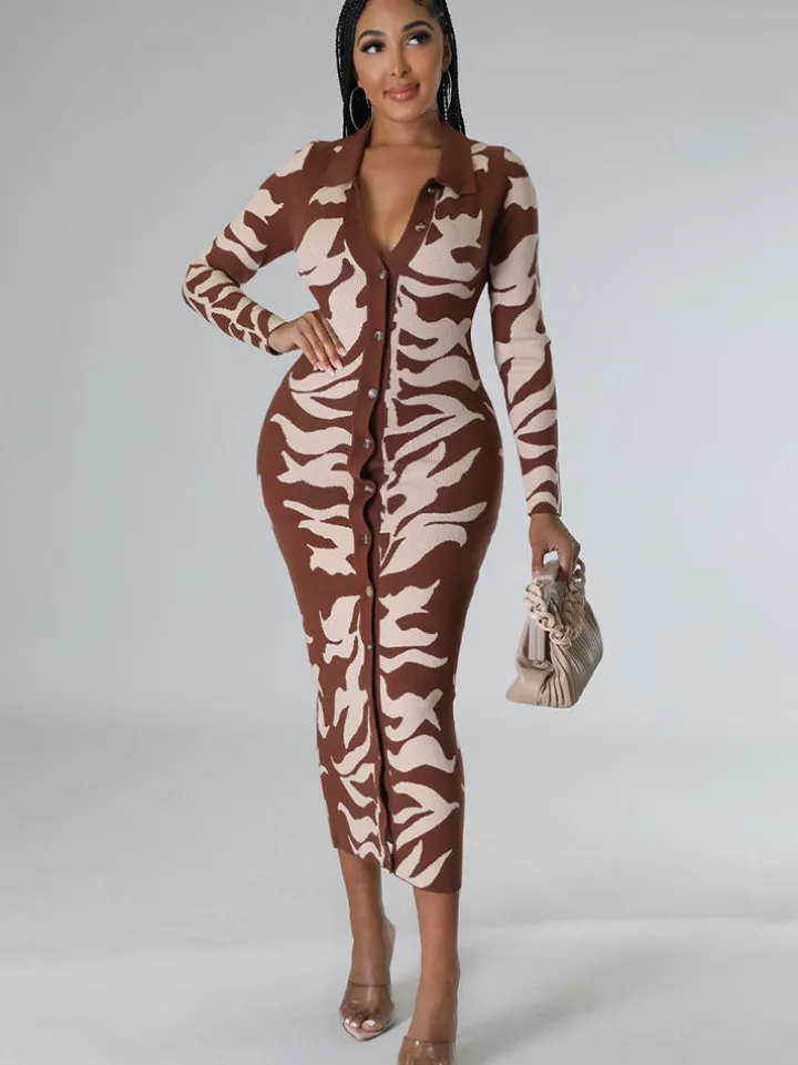 Long Sleeves Lapel Button Midi Dress