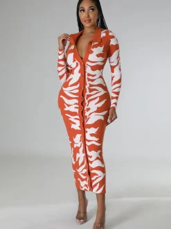 Long Sleeves Lapel Button Midi Dress