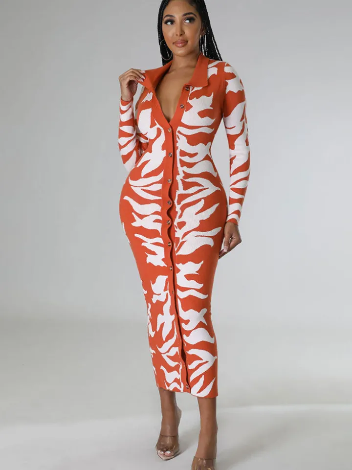 Long Sleeves Lapel Button Midi Dress