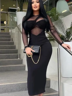 Long Sleeves Mesh Patchwork Maxi Dress