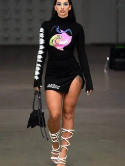 Long Sleeves Print Side Split Mini Dress