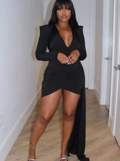 Long Sleeves Shoulder Pad Bodycon Mini Dress