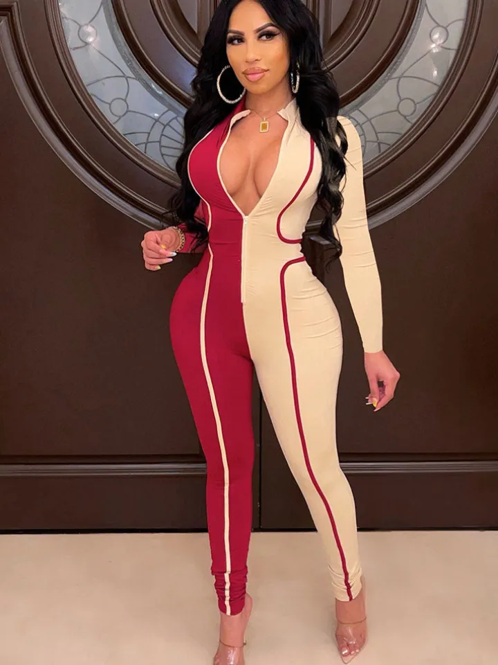Long Sleeves Zipper Color Block Jumpsuit
