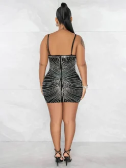 Mesh and Rhinestone Splice Halter Mini Dress