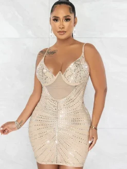 Mesh and Rhinestone Splice Halter Mini Dress