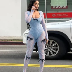 Mesh Long Sleeve Bodycon Jumpsuit