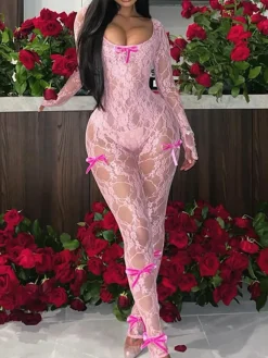 Mesh Long Sleeve Bodycon Jumpsuit