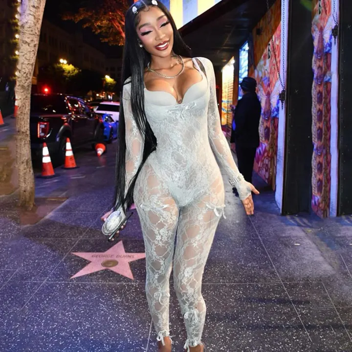 Mesh Long Sleeve Bodycon Jumpsuit