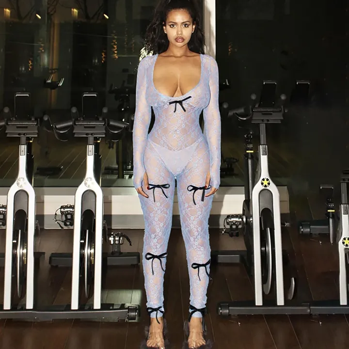 Mesh Long Sleeve Bodycon Jumpsuit