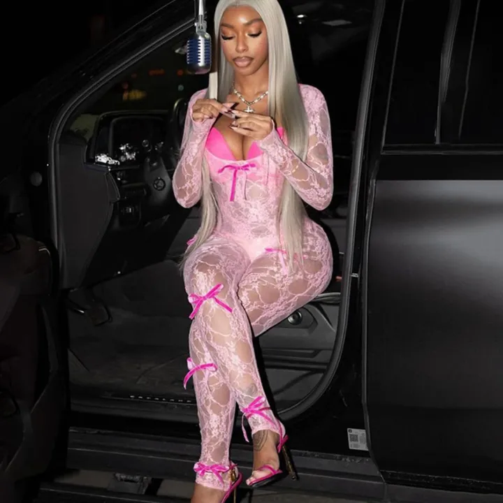 Mesh Long Sleeve Bodycon Jumpsuit