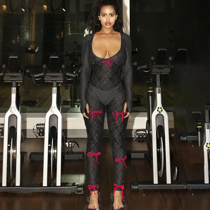 Mesh Long Sleeve Bodycon Jumpsuit