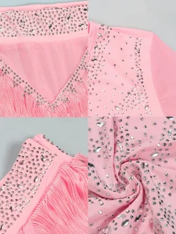 Mesh Long Sleeve Rhinestone Top Tassel Shorts