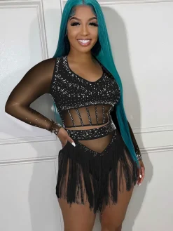 Mesh Long Sleeve Rhinestone Top Tassel Shorts