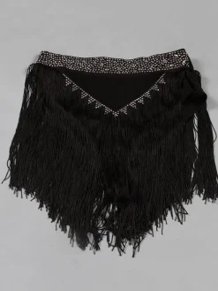 Mesh Long Sleeve Rhinestone Top Tassel Shorts