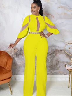Mesh Patchwork Half Sleeve Bodycon Jumpsuit