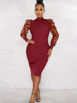 Mesh Patchwork Long Sleeve Floral Midi Dress