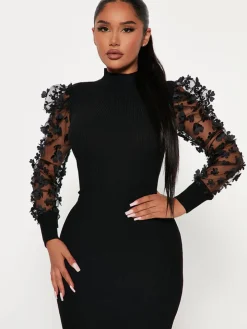 Mesh Patchwork Long Sleeve Floral Midi Dress