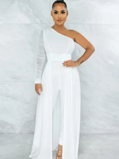 Mesh Patchwork One Shoulder Long Sleeve Jumpsuit