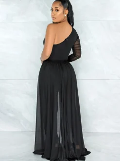 Mesh Patchwork One Shoulder Long Sleeve Jumpsuit