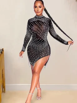 Mesh Rhinestone Asymmetrical Long Sleeve Tassel Mini Dress