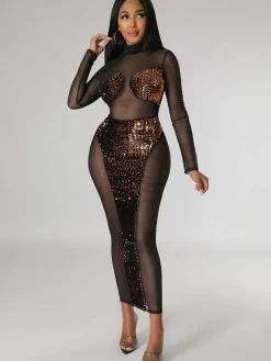 Mesh Sequin Patchwork Long Sleeve Midi Dress