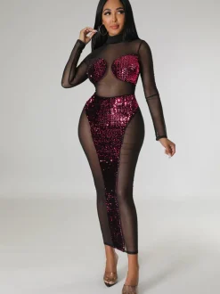 Mesh Sequin Patchwork Long Sleeve Midi Dress