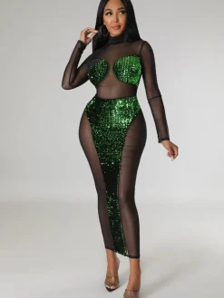 Mesh Sequin Patchwork Long Sleeve Midi Dress