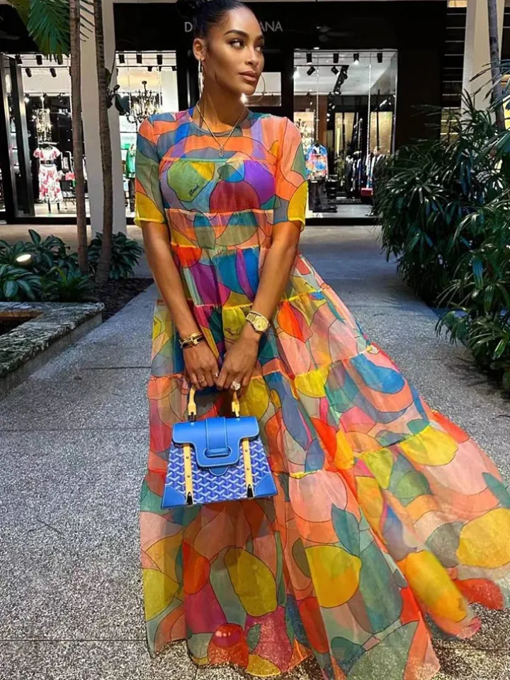 Mesh Short Sleeve Print Flowy Maxi Dress