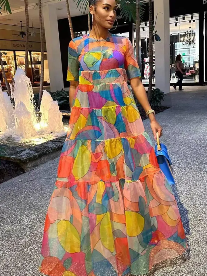 Mesh Short Sleeve Print Flowy Maxi Dress
