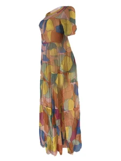 Mesh Short Sleeve Print Flowy Maxi Dress