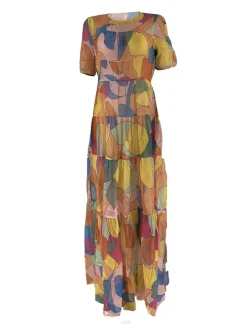 Mesh Short Sleeve Print Flowy Maxi Dress