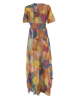Mesh Short Sleeve Print Flowy Maxi Dress